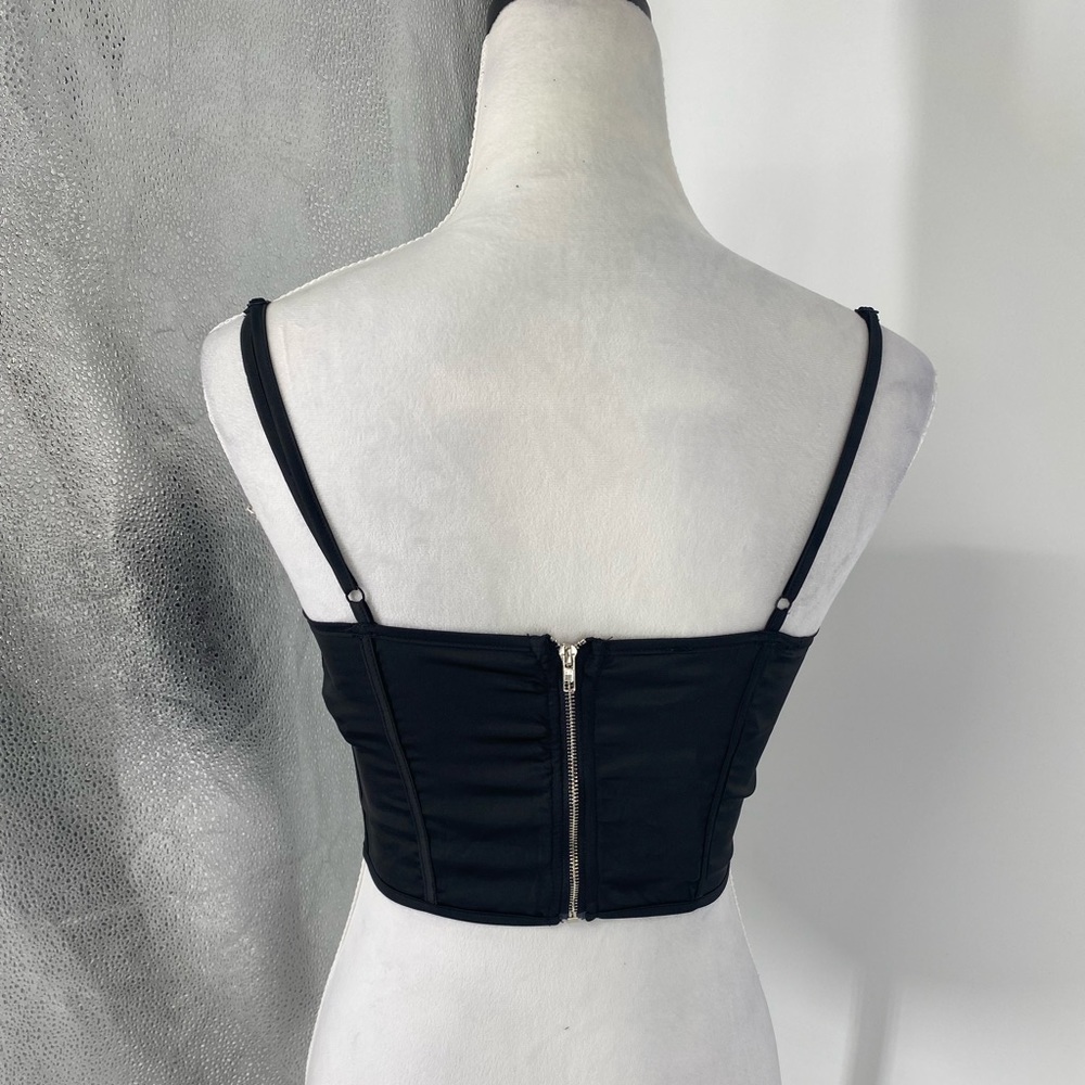 Black Satin Silk Lace Trim Sleeveless Square Neck Crop Top - Picture 13 of 17